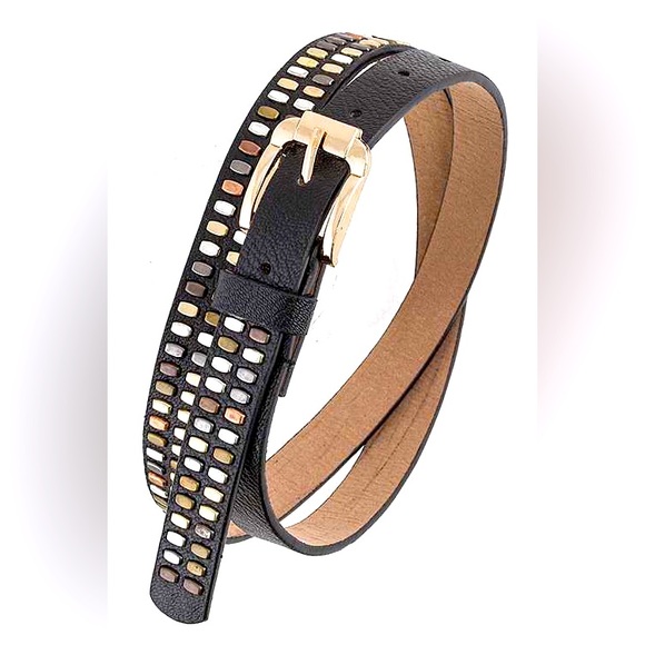 Black & Gold Tritone Studded Leather Fashion Belt - Picture 1 of 1
